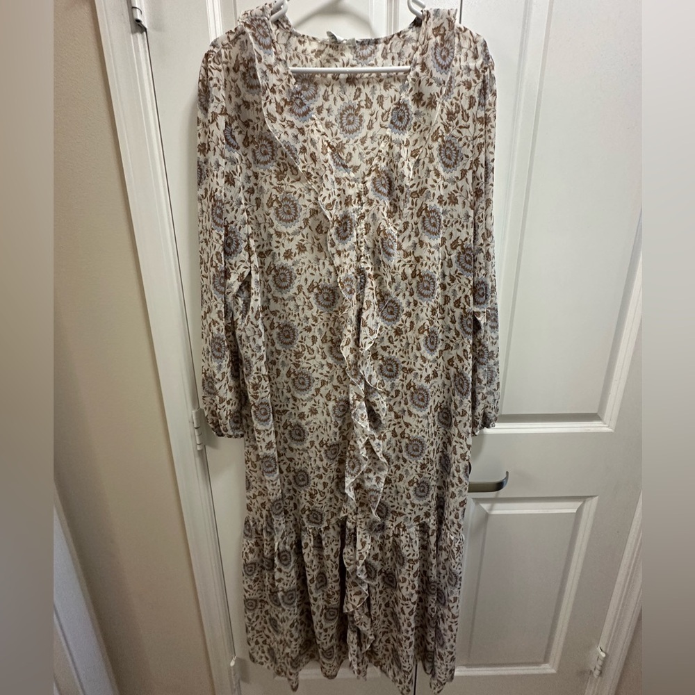 Lucky Brand bohemian sheer dress with a cream and blue floral design.